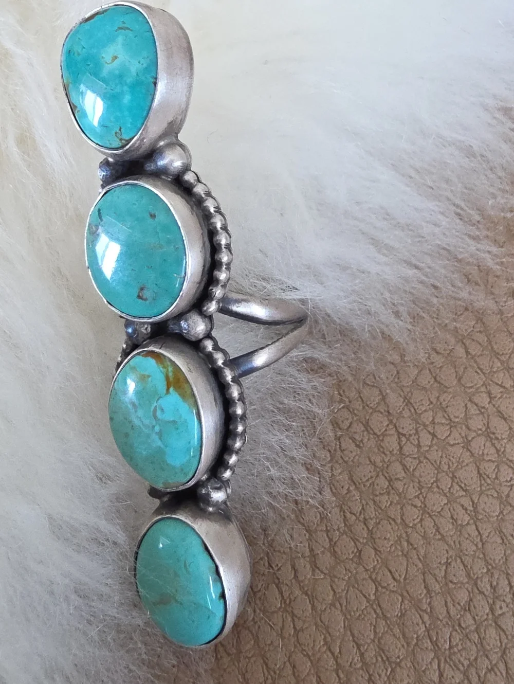 Fantastic NWT Native American Navajo Tyrone Turquoise 4 Stone Crawler Ring 🩵🎁